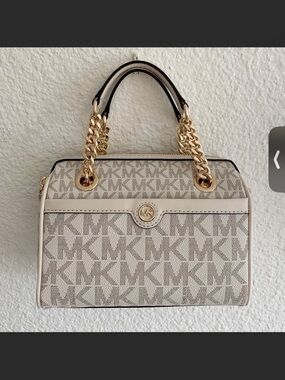 Michael Kors Cream and Beige Logo Satchel with Gold Chain Handles